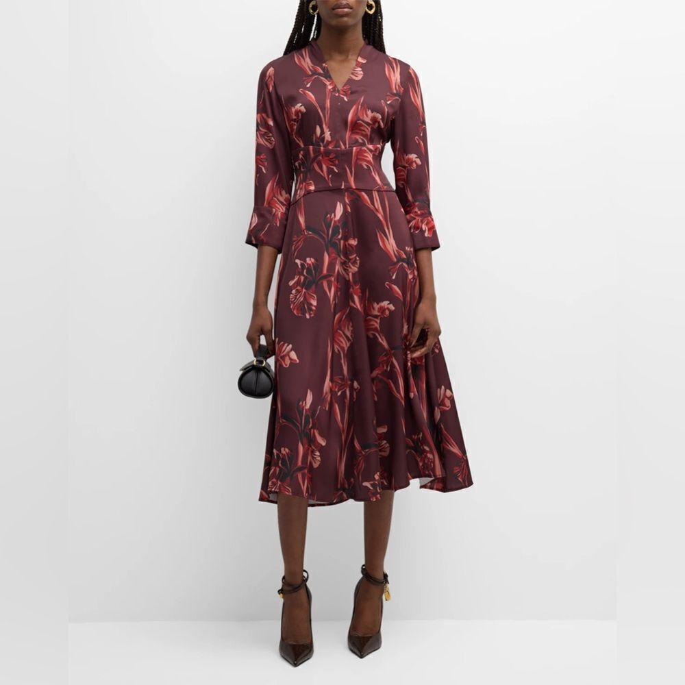 Misook Floral Print Crepe De Chine Midi Dress Maroon V Neck Size Sz Small